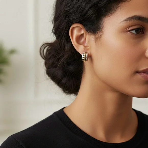 Lagos 925 Sterling Silver and 18kt Yellow Gold ‘Caviar’ Layered Hoop Earrings - Picture 10 of 10